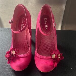 Ruby Shoo Pink Mary Jane Heels with Floral embellishments